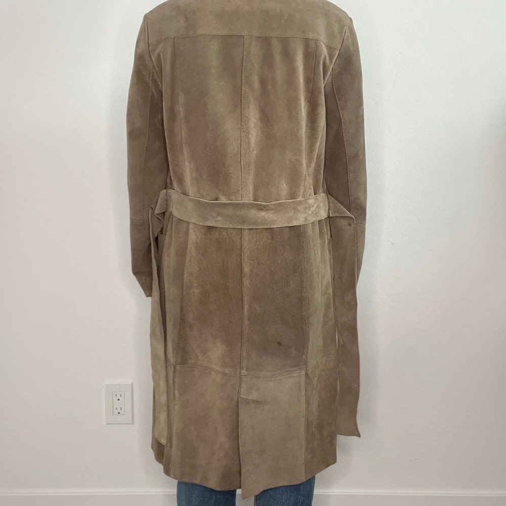 MNG Mango Genuine Leather Suede Trench Coat Belted‎ Taupe Double Breasted - Picture 2 of 16